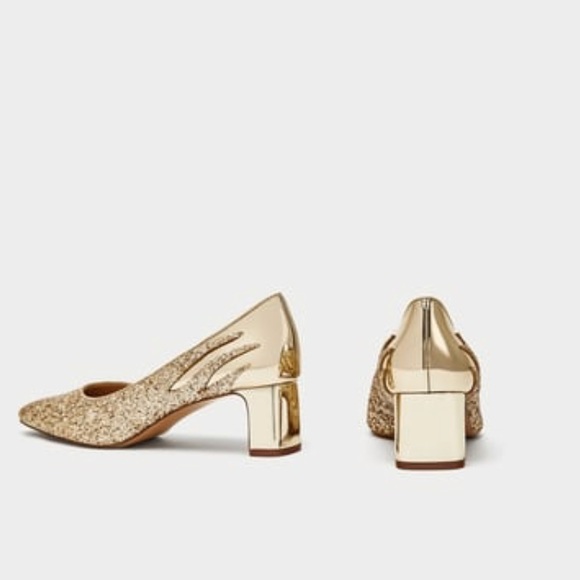 gold block heel court shoes